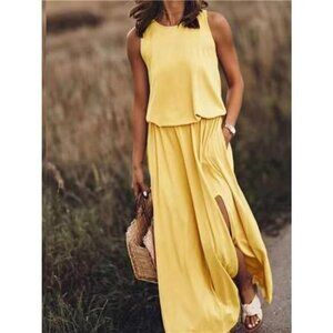 Full Size Round Neck Sleeveless Slit Maxi Dress Plus Size